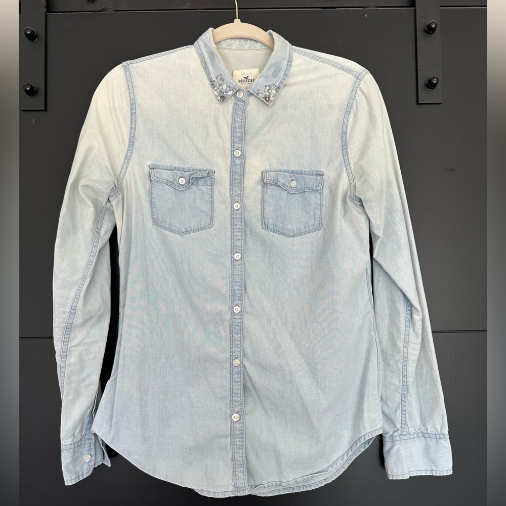 Distressed denim button down shirt with jewel embellishments